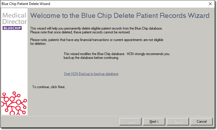 Patient delete Wizard welcome screen