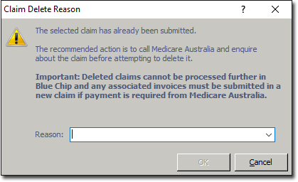 Example Claim Delete Reason window