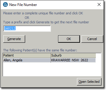 New File Number panel