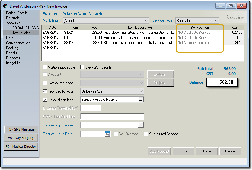 A Bulk Bill invoice showing the Service Text column