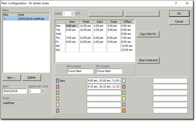 Example Plan Configuration window, showing customised availability for a practitioner
