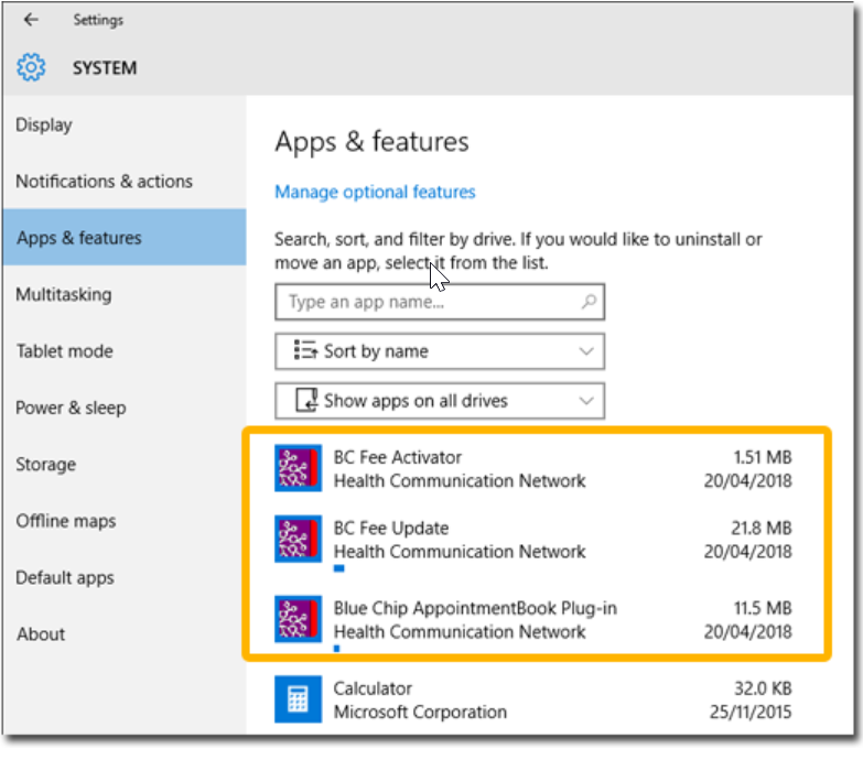 System screen showing installed Bluechip components